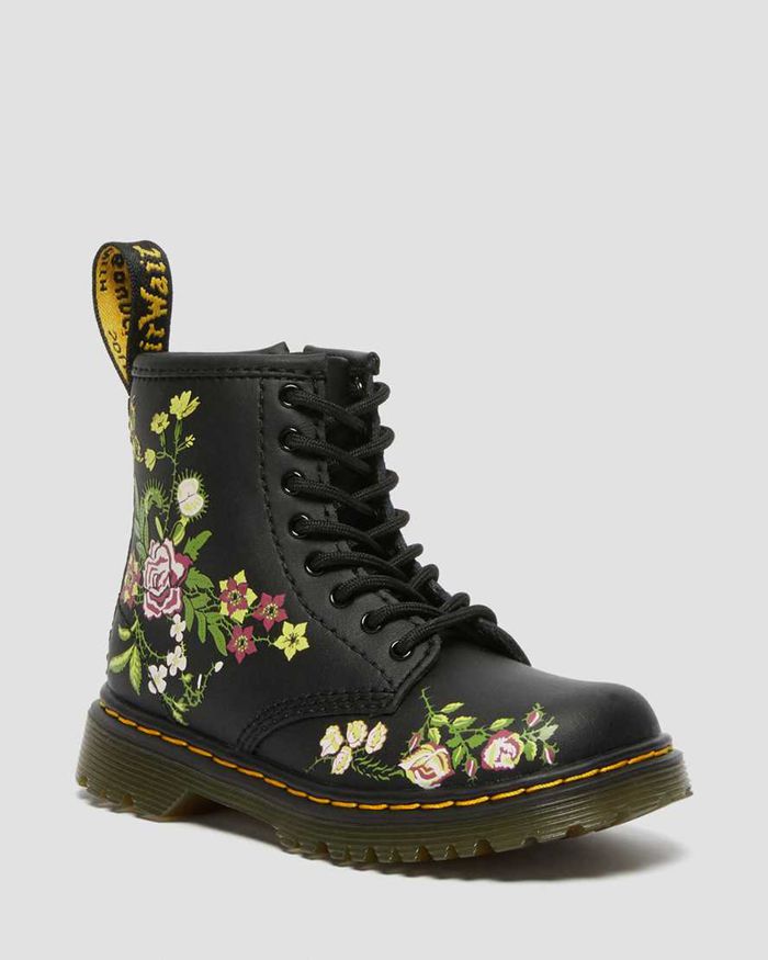 Dr Martens Kids Toddler 1460 Floral Leather Lace Up Boots Black - 59284NMWE